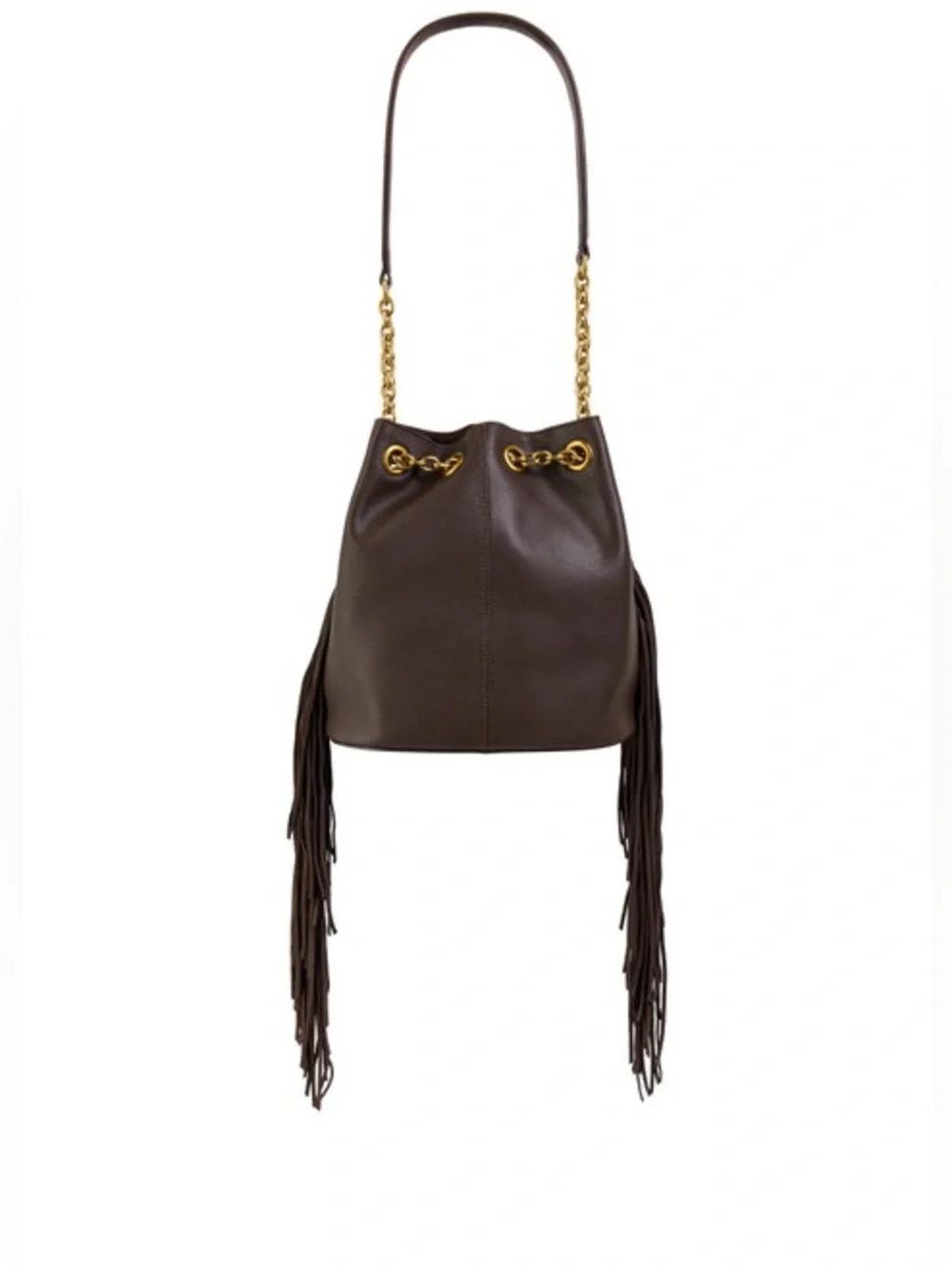 Zara Dark Brown Cow Leather Fringed Bucket Bag with Gold Chain Accents